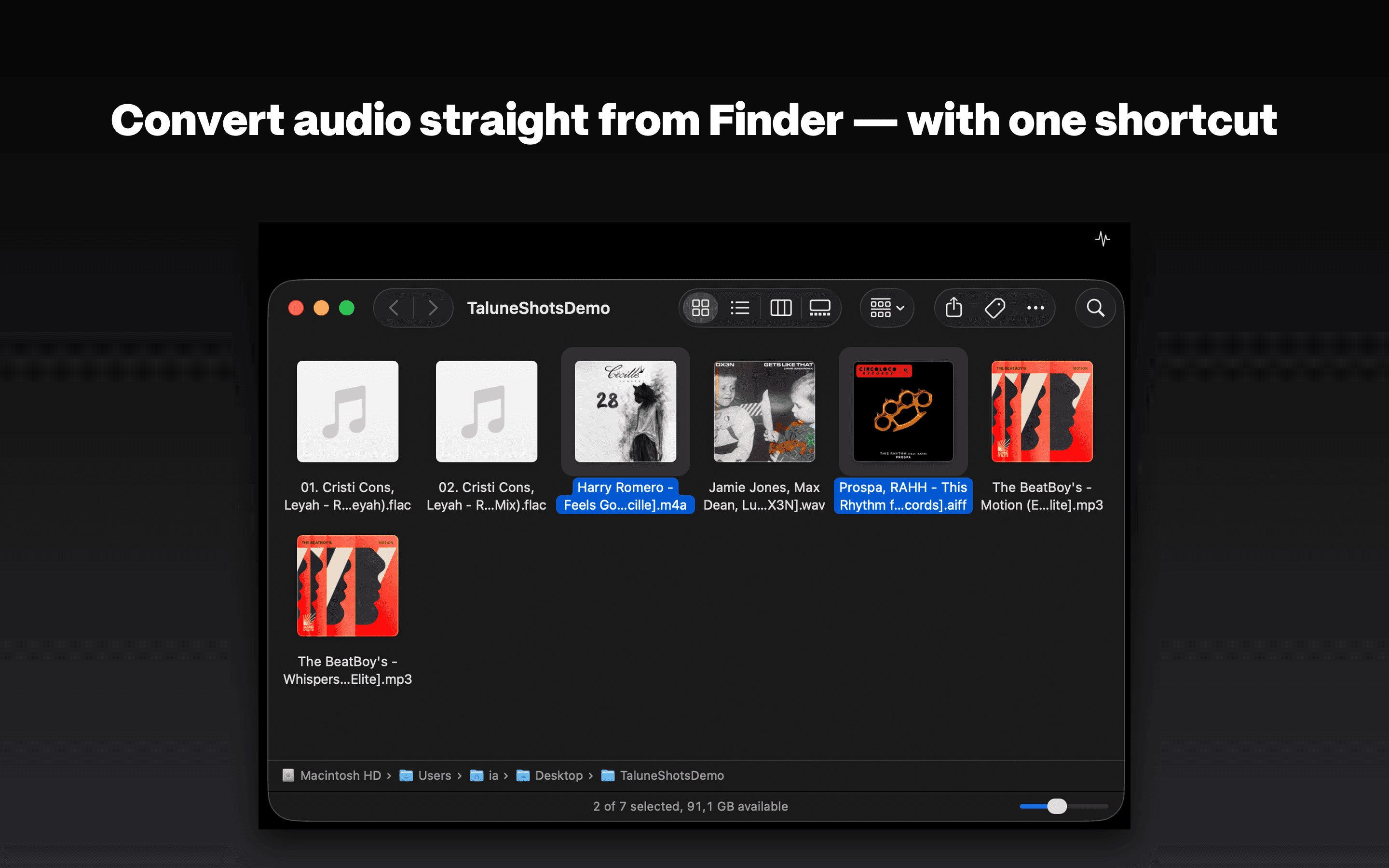 Finder window with several audio files selected, ready to be sent to Talune with a keyboard shortcut.