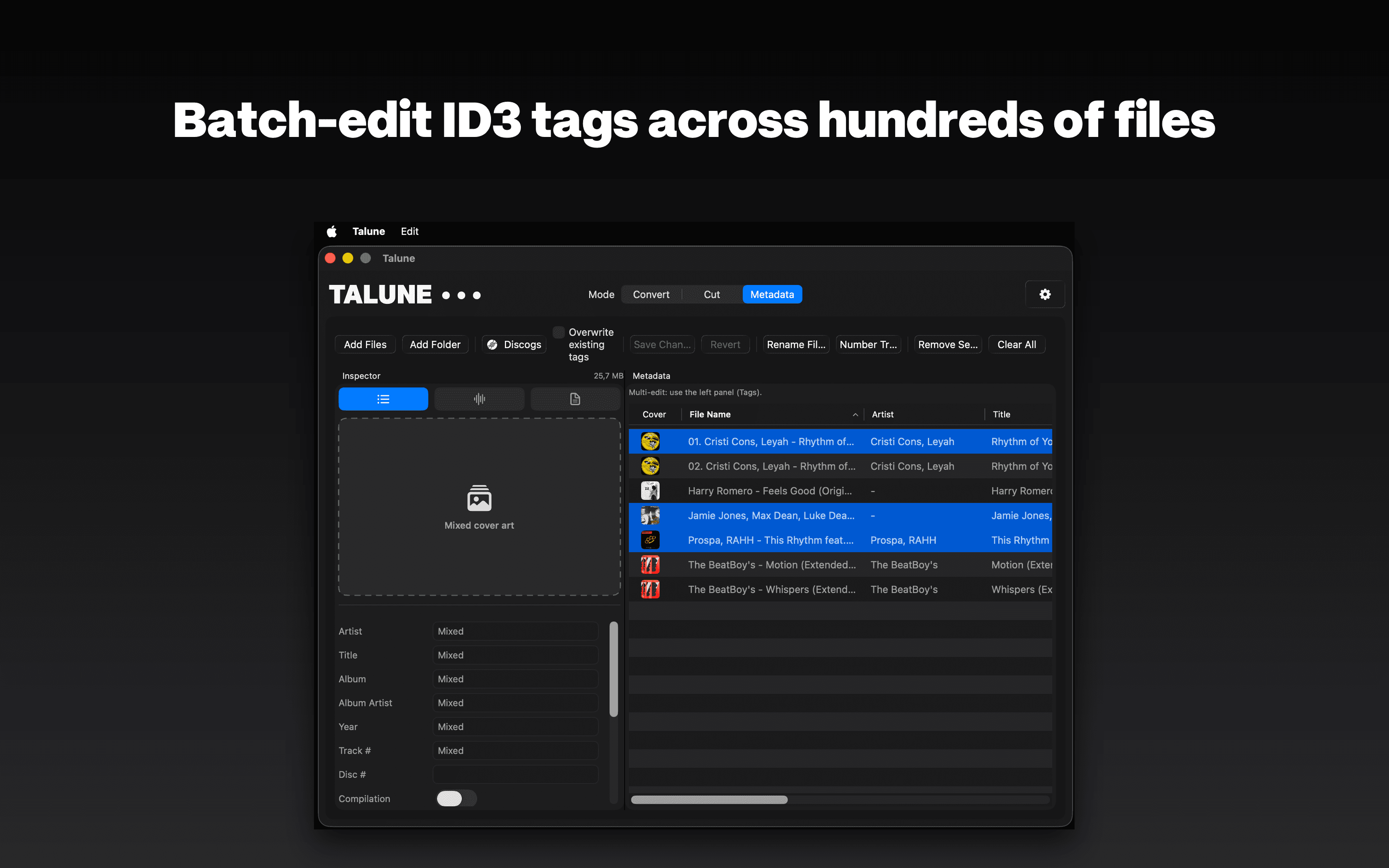 Talune Metadata tab with a spreadsheet-style grid and a bulk-edit inspector panel.