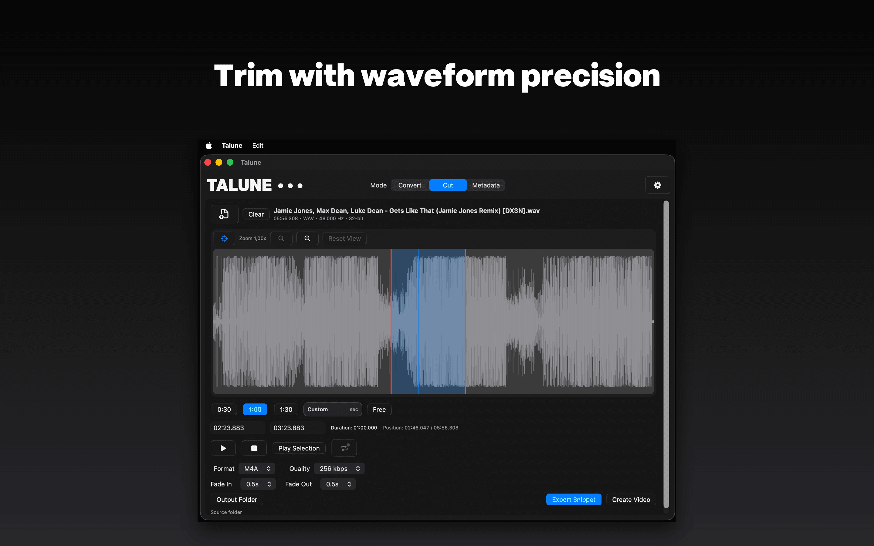 Talune Cut tab showing a stereo waveform with a blue selection range and trim handles.