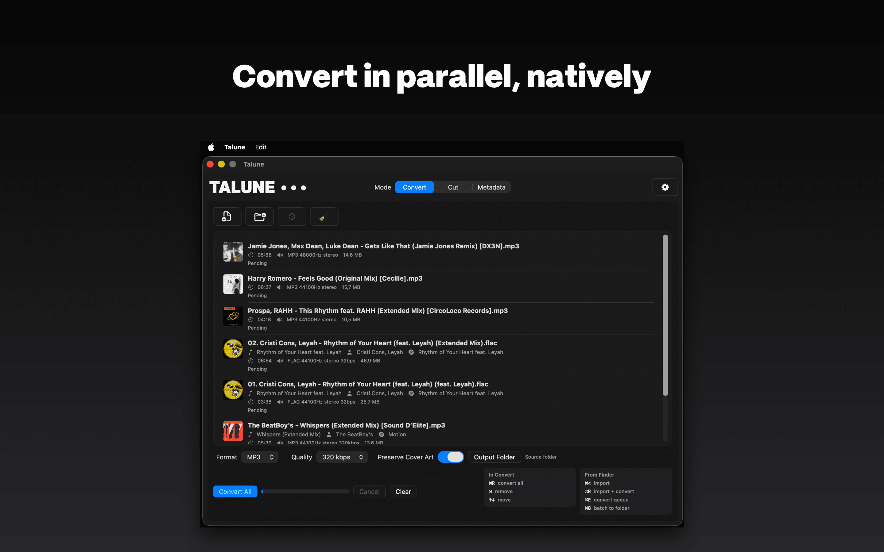 Talune Convert tab with a queue of MP3, FLAC and WAV files ready to batch-convert.