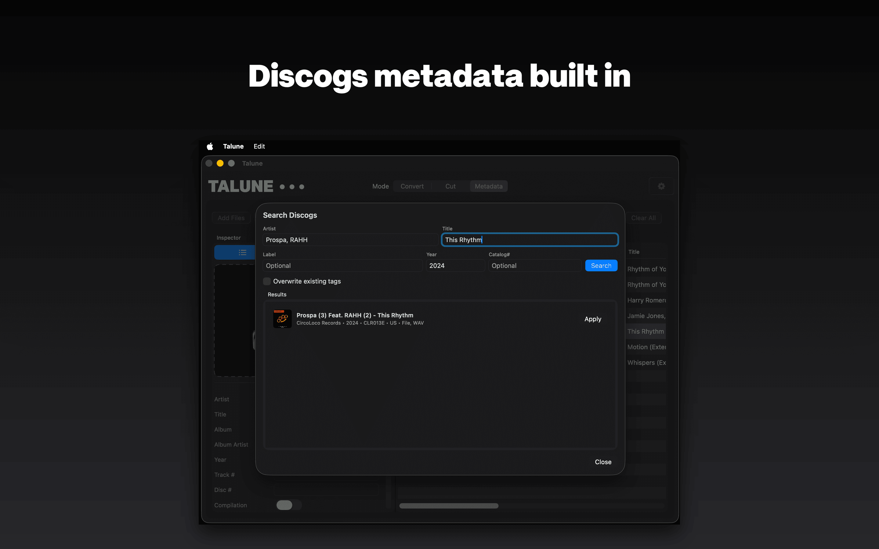 Discogs search sheet inside Talune, fetching album metadata and artwork.