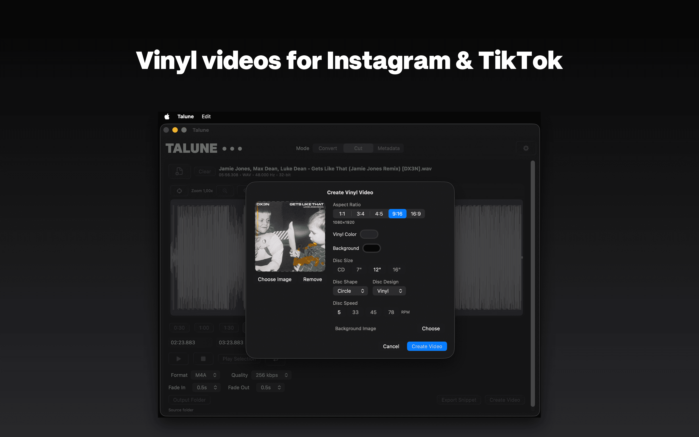 Create Vinyl Video sheet with aspect ratio, disc size, and RPM controls.