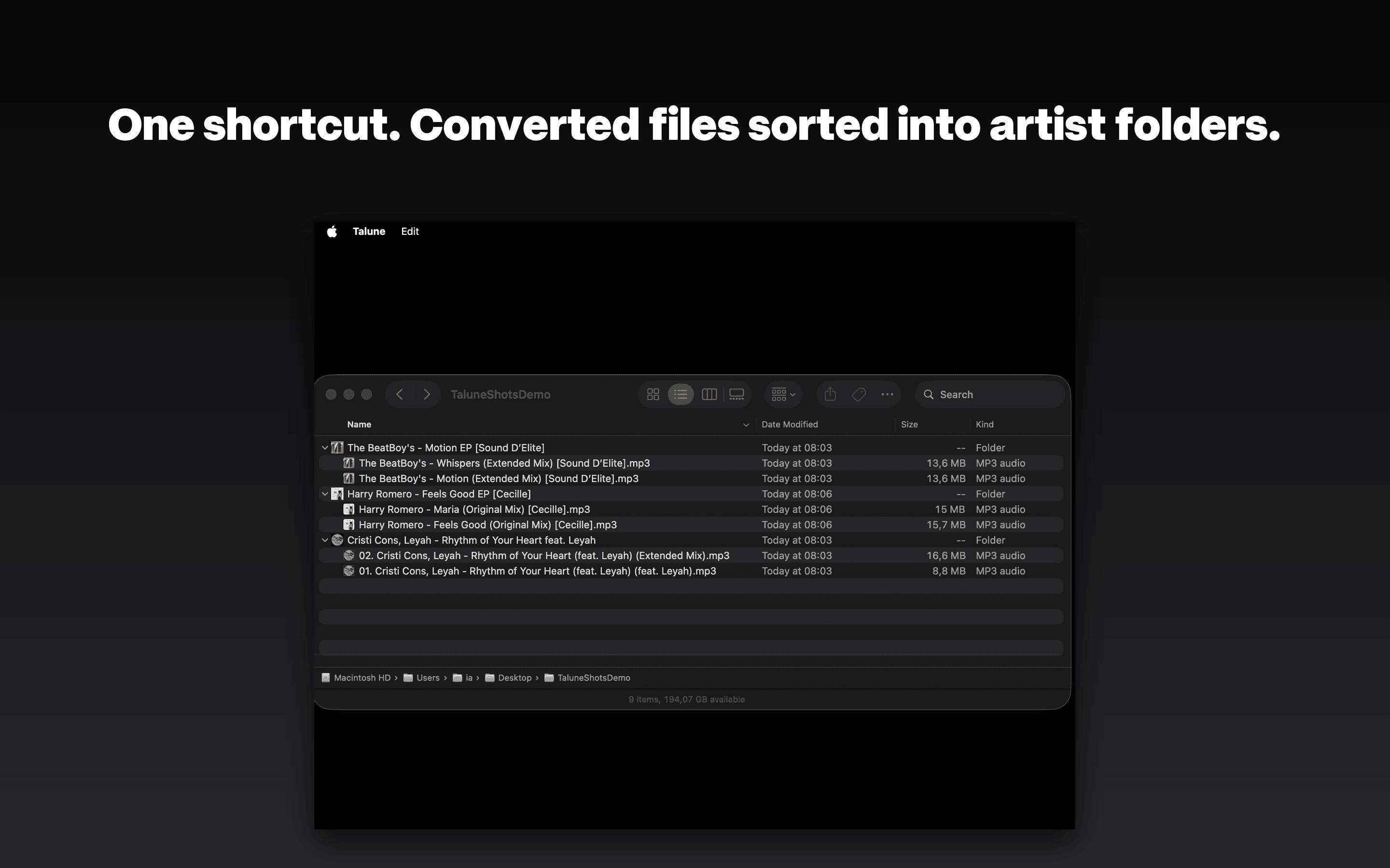 Finder list view showing converted files automatically sorted into artist/album folders.