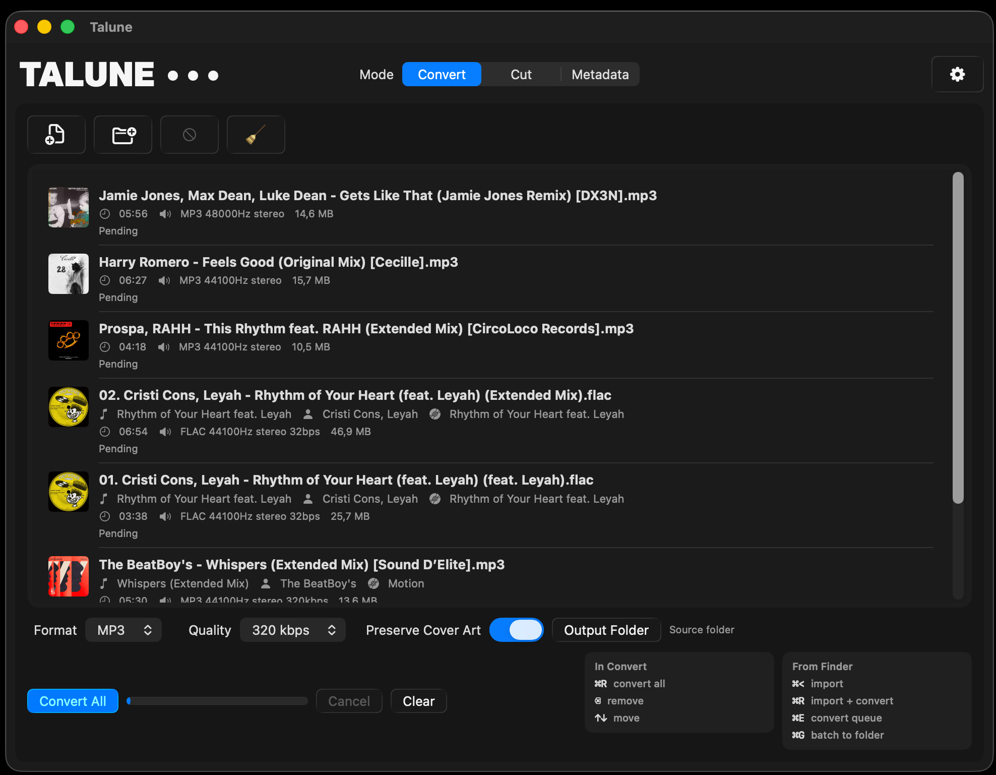 Talune Convert queue with six pending audio files set to MP3 at 320 kbps.